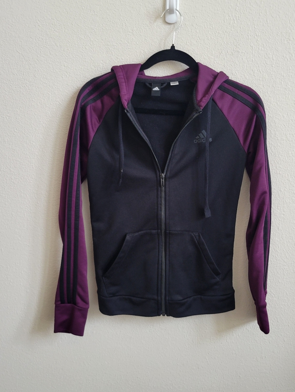 Adidas Black & Plum Full Zip Ladies Hoodie With Triple Stripe Sleeves Small?.
